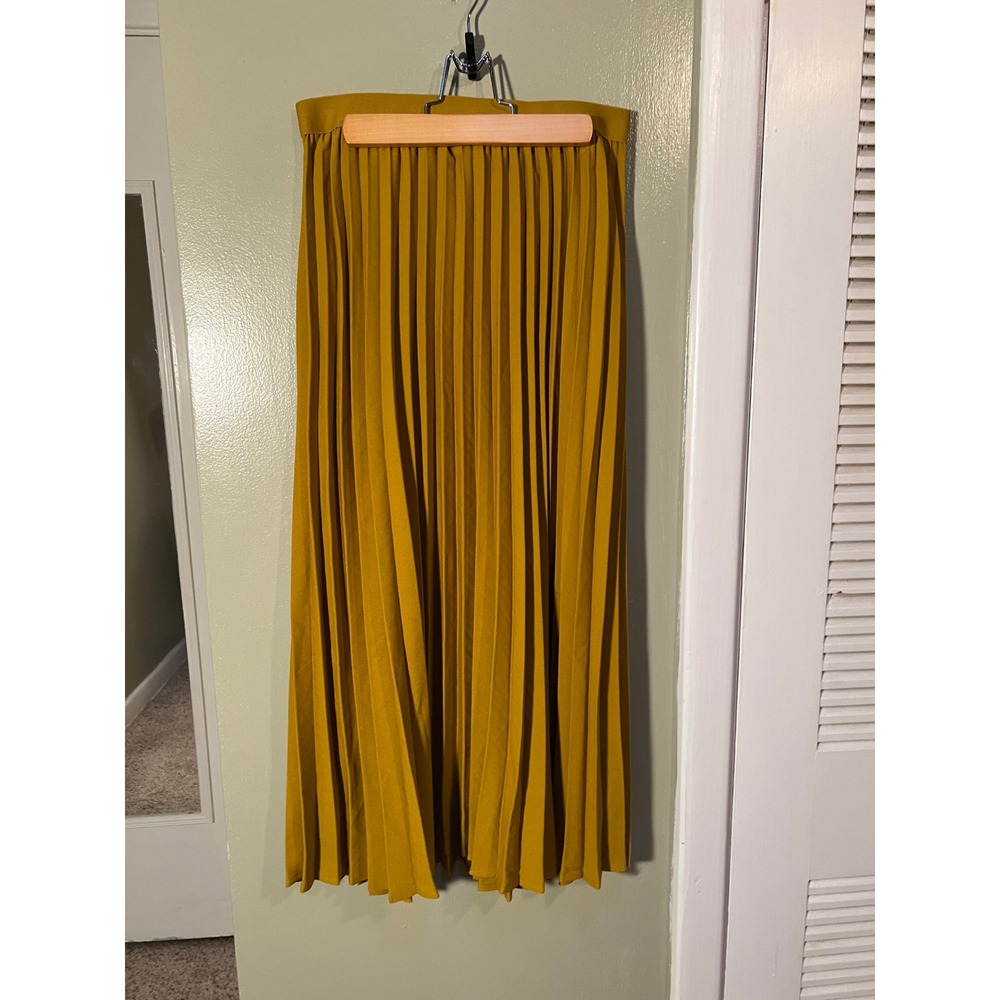 A New Day Women's Sz Small Pleated Midi Skirt Mustard Yellow Gold Pull On A-Line